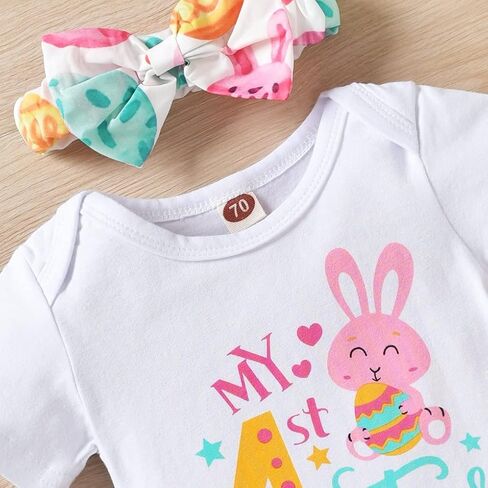 Vedext Baby Girl Easter Outfits Short Sleeve Rabbit Romper +Bunny Suspender Skirt+ Headband Easter Clothes in Kuwait