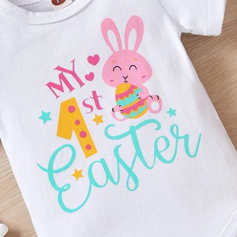 Vedext Baby Girl Easter Outfits Short Sleeve Rabbit Romper +Bunny Suspender Skirt+ Headband Easter Clothes in Kuwait