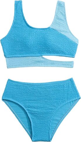 OYOANGLE Girl's 2 Piece Color Block Textured Swimsuits Scoop Neck Cut Out Bathing Suit Beachwear in Saudi Arabia