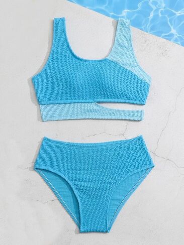 OYOANGLE Girl's 2 Piece Color Block Textured Swimsuits Scoop Neck Cut Out Bathing Suit Beachwear in Saudi Arabia