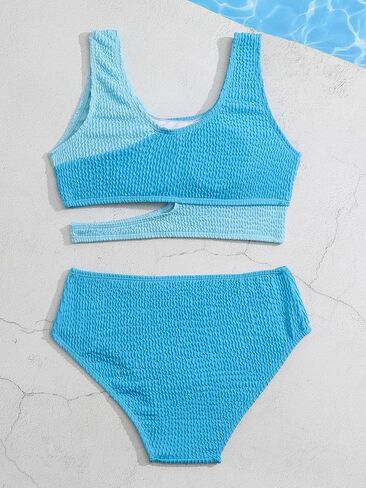 OYOANGLE Girl's 2 Piece Color Block Textured Swimsuits Scoop Neck Cut Out Bathing Suit Beachwear in Saudi Arabia
