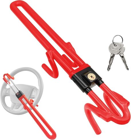 Heavy Duty Anti-Theft Steering Wheel Lock, Adjustable Length Double Hook Universal Fit for Cars Vans Caravans SUV Truck, Red in Saudi Arabia