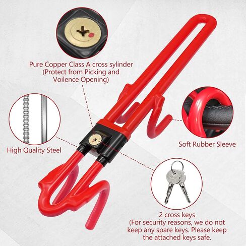 Heavy Duty Anti-Theft Steering Wheel Lock, Adjustable Length Double Hook Universal Fit for Cars Vans Caravans SUV Truck, Red in Saudi Arabia