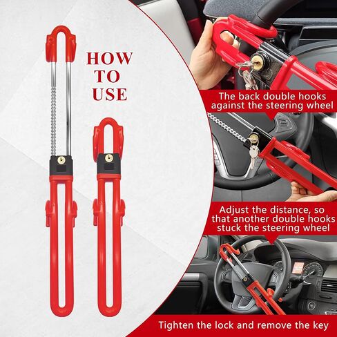 Heavy Duty Anti-Theft Steering Wheel Lock, Adjustable Length Double Hook Universal Fit for Cars Vans Caravans SUV Truck, Red in Saudi Arabia