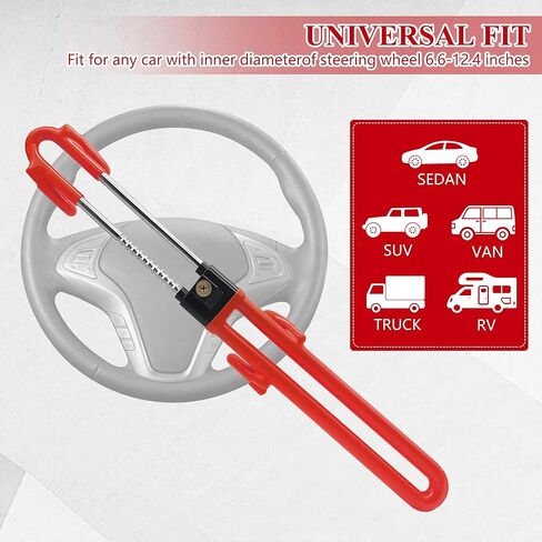 Heavy Duty Anti-Theft Steering Wheel Lock, Adjustable Length Double Hook Universal Fit for Cars Vans Caravans SUV Truck, Red in Saudi Arabia