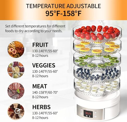 5-Trays Food Dehydrator Machine Dehydrates for Food and Jerky, Mushroom，Fruits, Vegetables, Meat, Herbs, Flowers, Dog Treats|Great For At Home Use| High-Heat (5 Trays-White) in Saudi Arabia