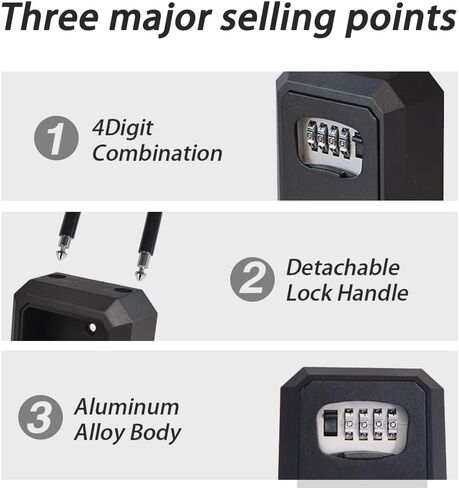 Outdoor Key Lock Box Metal Heavy, Portable And Wall Mounted With Removable Steel Shackle Or Cable Shackle Storage, Safe Waterproof Lndoor 4 Digit Combination With Resettable Code (Black) in Kuwait