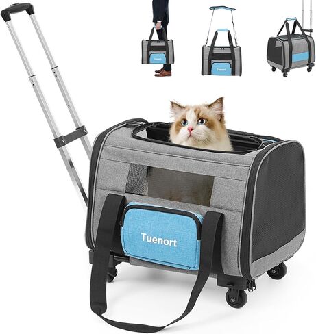 Cat and Dog Carrier with Wheels, Airline Approved Pet Carrier for Small Cats Dogs, Rolling Cat Carrier with Storage Pocket for Pets Up to 15 Lbs in Kuwait