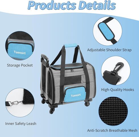 Cat and Dog Carrier with Wheels, Airline Approved Pet Carrier for Small Cats Dogs, Rolling Cat Carrier with Storage Pocket for Pets Up to 15 Lbs in Kuwait