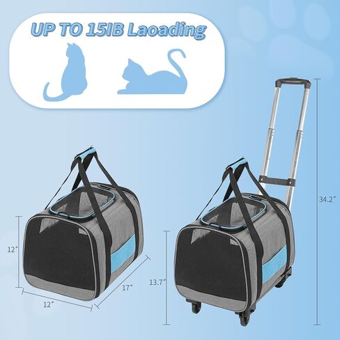 Cat and Dog Carrier with Wheels, Airline Approved Pet Carrier for Small Cats Dogs, Rolling Cat Carrier with Storage Pocket for Pets Up to 15 Lbs in Kuwait