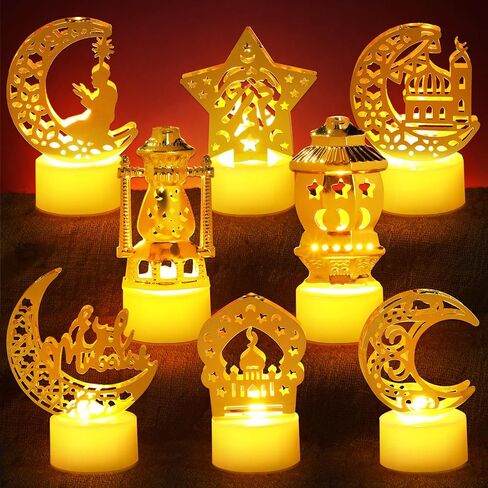 Weewooday 8 قطع أضواء فانوس رمضان ميني عيد مبارك LED شمعة فانوس الديكور عيد سعيد شنقا الفوانيس رمضان الفوانيس الزخرفية للمسلمين عيد مبارك موضوع حزب الجدول الزينة in Kuwait