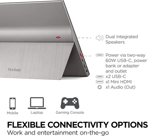 شاشة فيوسونيك VX1655-4K-OLED 15.6 بوصة 4K UHD محمولة OLED مع 2 طريقة تعمل بالطاقة 60 وات USB C، HDMI صغير، مكبرات صوت مزدوجة، وحامل مدمج مع غطاء ذكي، أسود in Kuwait