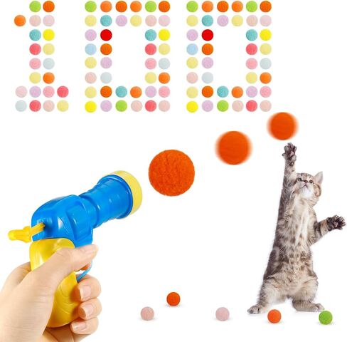 FANKUTOYS كرات لعبة القطط، 1 قاذف كرات للقطط و100 قطعة كرات بوم بوم للقطط مقاس 1.2 بوصة، كرات ملونة وناعمة للقطط، ألعاب جلب مطلق النار للقطط الداخلية، تمرين تدريب اللعب التفاعلي in Kuwait