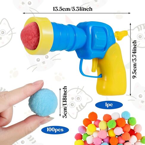FANKUTOYS كرات لعبة القطط، 1 قاذف كرات للقطط و100 قطعة كرات بوم بوم للقطط مقاس 1.2 بوصة، كرات ملونة وناعمة للقطط، ألعاب جلب مطلق النار للقطط الداخلية، تمرين تدريب اللعب التفاعلي in Kuwait