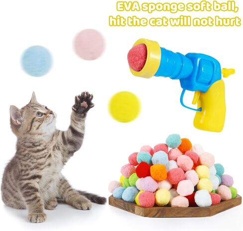 FANKUTOYS كرات لعبة القطط، 1 قاذف كرات للقطط و100 قطعة كرات بوم بوم للقطط مقاس 1.2 بوصة، كرات ملونة وناعمة للقطط، ألعاب جلب مطلق النار للقطط الداخلية، تمرين تدريب اللعب التفاعلي in Kuwait