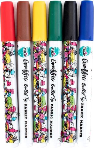 Tulip Graffiti Fabric Markers Bullet Tip 6pk, Rainbow, Premium Quality Ink, Permanent, Child Safe, for Fabric Painting, Drawing, Coloring, Writing on Clothes in Saudi Arabia