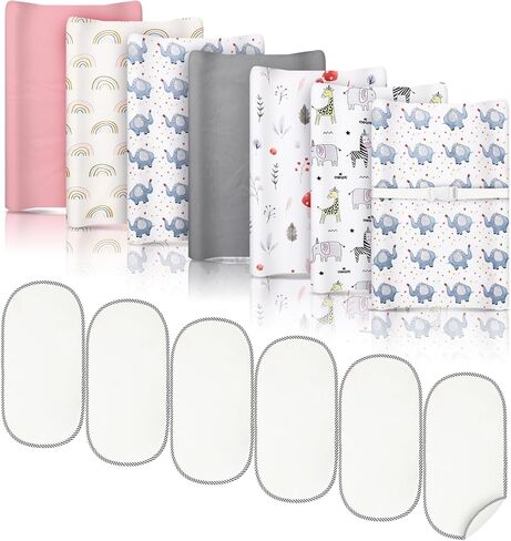 6 قطع من غطاء وسادة تغيير الحفاضات من كينلوب و6 قطع من بطانات وسائد تغيير الحفاضات للأطفال البنات والأولاد، وأغطية وسائد تغيير الطاولة وبطانات غطاء طاولة تغيير الحفاضات بألوان قوس قزح بوهو وودلاند الحيوانية in Kuwait