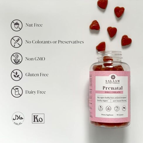 Salaam Nutritionals Halal Prenatal Gummy Multivitamins, Low Sugar, 800 mcg Folate, Methylcobalamin, with DHA (90 Count) New Taste and New Look in Kuwait