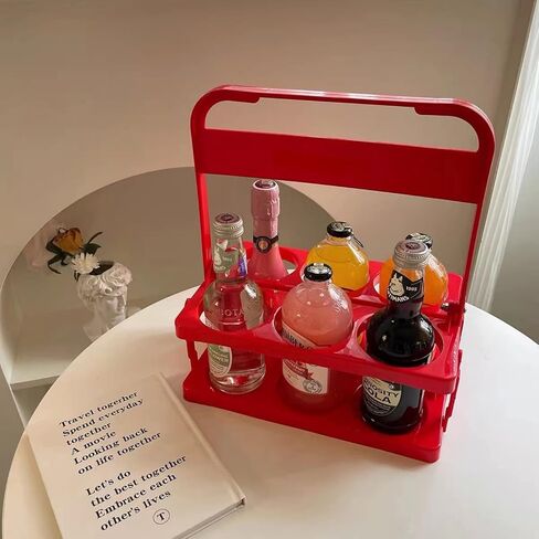 LONG TAO 2 قطعة حامل مشروبات بلاستيكي قابل للطي وقابل لإعادة الاستخدام وحامل زجاجات المشروبات وصينية حامل أكواب مع مقبض لتقديم الطعام والمطاعم والحفلات وتنظيم المطبخ (أحمر) in Kuwait