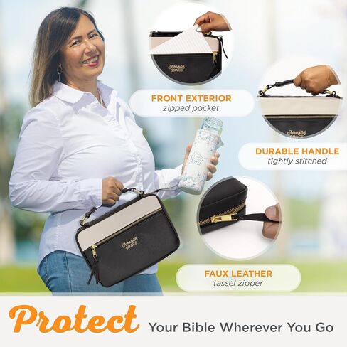 Christian Art Gifts Women's Vegan Leather Fashion Bible Cover: Amazing Grace - Inspirational Zipper Water-resistant Protective Carry Case w/Tassel, Pockets & Pen Loops, Black & Tan w/Gold in Saudi Arabia