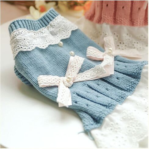 Pet Sweater Dress Small Dog Dress with Bow Female Girl Pink/Blue Winter Warm Dog Princess Lace Dress Clothes Dachshund Chihuahua Corgi Cat Dress for Christmas BirthdayValentines Day (Blue, X-Small) in Saudi Arabia