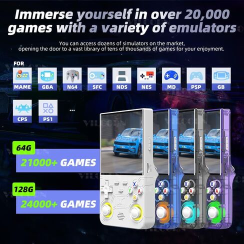 وحدة تحكم ألعاب محمولة باليد R36 Ultra Retro مقاس 4 بوصة بنظام Linux مفتوح المصدر وسعة 128 جيجابايت وحدة تحكم ألعاب فيديو محمولة مع عصا تحكم RGB ومشغل ألعاب الجيب يدعم WiFi وهدايا عيد الميلاد وأعياد الميلاد (أرجواني) in Kuwait
