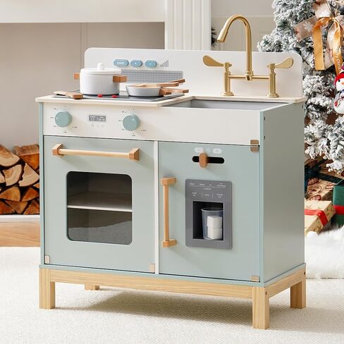 ROBOTIME Play Kitchen for Toddlers, Wooden Kids Kitchen Playset with Real Lights & Sounds/Ice Cube Dispenser, Pretend Play Montessori Toy, Gift for Ages 3+ (Blue) in Saudi Arabia