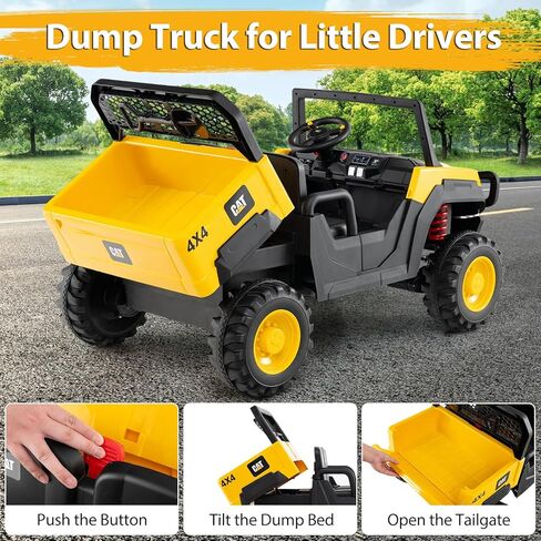 Costzon 2-Seater Caterpillar Ride on Dump Truck، 24V سيارة كهربائية للأطفال مع جهاز تحكم عن بعد، محركات 4 × 100 واط، بداية ناعمة وتعليق زنبركي، أطفال UTV مع سرير تفريغ، هدية، أصفر in Saudi Arabia