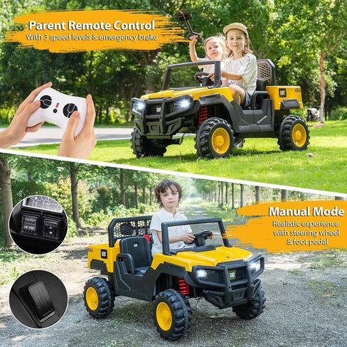 Costzon 2-Seater Caterpillar Ride on Dump Truck، 24V سيارة كهربائية للأطفال مع جهاز تحكم عن بعد، محركات 4 × 100 واط، بداية ناعمة وتعليق زنبركي، أطفال UTV مع سرير تفريغ، هدية، أصفر in Saudi Arabia
