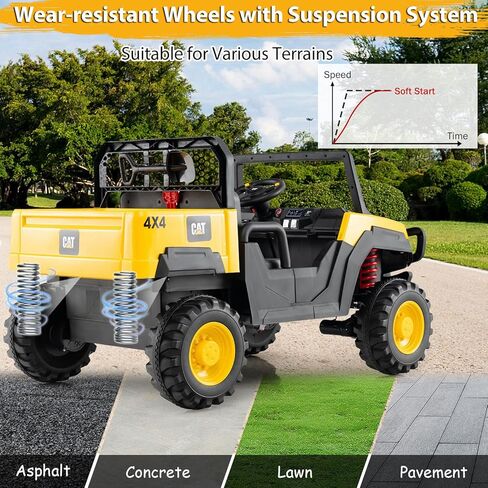 Costzon 2-Seater Caterpillar Ride on Dump Truck، 24V سيارة كهربائية للأطفال مع جهاز تحكم عن بعد، محركات 4 × 100 واط، بداية ناعمة وتعليق زنبركي، أطفال UTV مع سرير تفريغ، هدية، أصفر in Saudi Arabia