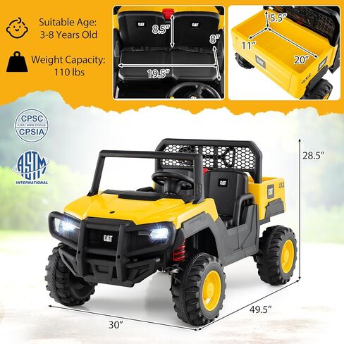 Costzon 2-Seater Caterpillar Ride on Dump Truck، 24V سيارة كهربائية للأطفال مع جهاز تحكم عن بعد، محركات 4 × 100 واط، بداية ناعمة وتعليق زنبركي، أطفال UTV مع سرير تفريغ، هدية، أصفر in Saudi Arabia
