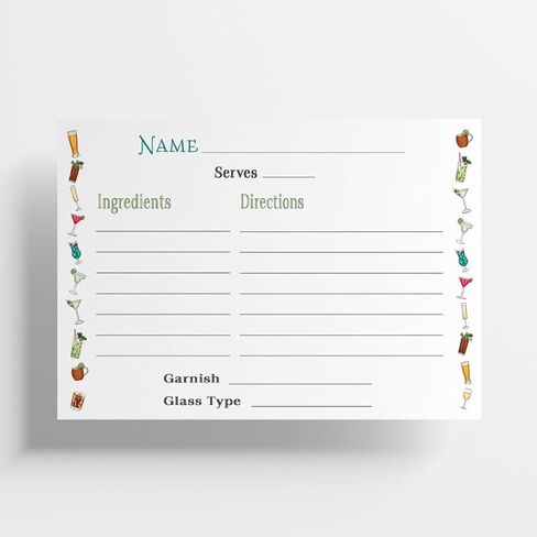 بطاقات وصفات الكوكتيل - 50 وحدة - 4 × 6 بوصات بطاقات ملء فارغة مع حدود مائية أنيقة - مخزون بطاقات ممتاز غير مطلي، يناسب صناديق الوصفات القياسية - صُنعت في الولايات المتحدة الأمريكية بواسطة شركة تديرها عائلة in Kuwait
