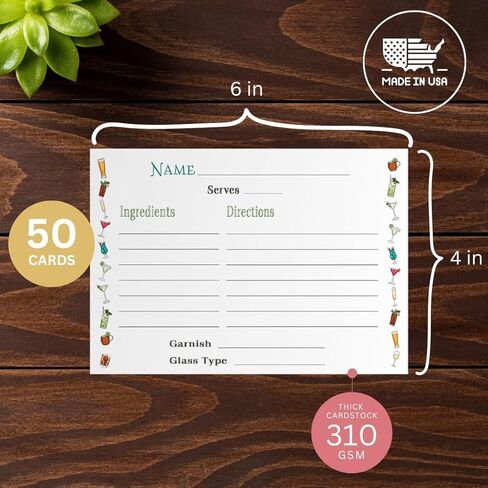 بطاقات وصفات الكوكتيل - 50 وحدة - 4 × 6 بوصات بطاقات ملء فارغة مع حدود مائية أنيقة - مخزون بطاقات ممتاز غير مطلي، يناسب صناديق الوصفات القياسية - صُنعت في الولايات المتحدة الأمريكية بواسطة شركة تديرها عائلة in Kuwait