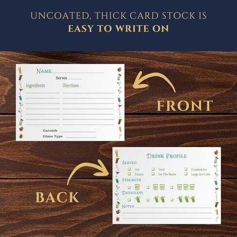 بطاقات وصفات الكوكتيل - 50 وحدة - 4 × 6 بوصات بطاقات ملء فارغة مع حدود مائية أنيقة - مخزون بطاقات ممتاز غير مطلي، يناسب صناديق الوصفات القياسية - صُنعت في الولايات المتحدة الأمريكية بواسطة شركة تديرها عائلة in Kuwait