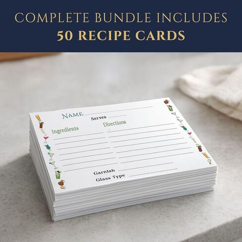 بطاقات وصفات الكوكتيل - 50 وحدة - 4 × 6 بوصات بطاقات ملء فارغة مع حدود مائية أنيقة - مخزون بطاقات ممتاز غير مطلي، يناسب صناديق الوصفات القياسية - صُنعت في الولايات المتحدة الأمريكية بواسطة شركة تديرها عائلة in Kuwait