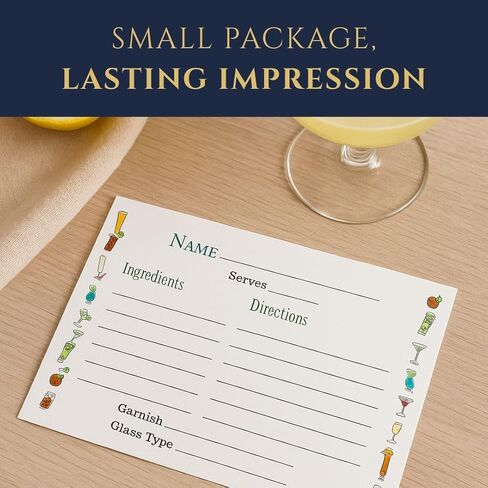 بطاقات وصفات الكوكتيل - 50 وحدة - 4 × 6 بوصات بطاقات ملء فارغة مع حدود مائية أنيقة - مخزون بطاقات ممتاز غير مطلي، يناسب صناديق الوصفات القياسية - صُنعت في الولايات المتحدة الأمريكية بواسطة شركة تديرها عائلة in Kuwait