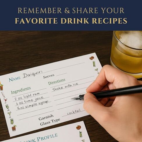 بطاقات وصفات الكوكتيل - 50 وحدة - 4 × 6 بوصات بطاقات ملء فارغة مع حدود مائية أنيقة - مخزون بطاقات ممتاز غير مطلي، يناسب صناديق الوصفات القياسية - صُنعت في الولايات المتحدة الأمريكية بواسطة شركة تديرها عائلة in Kuwait