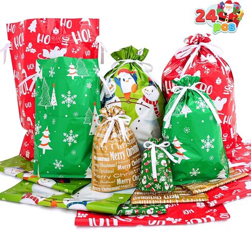 JOYIN 24 Pcs Christmas Drawstrings Foil Gift Bags, Xmas Wrapping Gift Assorted Styles Bag with present Tag for Christmas Holiday Party Favor, Reusable Wrap Goodie Bag Decorations in Saudi Arabia