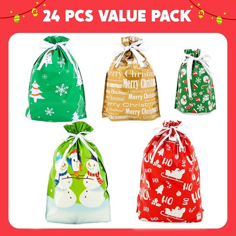 JOYIN 24 Pcs Christmas Drawstrings Foil Gift Bags, Xmas Wrapping Gift Assorted Styles Bag with present Tag for Christmas Holiday Party Favor, Reusable Wrap Goodie Bag Decorations in Saudi Arabia