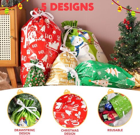 JOYIN 24 Pcs Christmas Drawstrings Foil Gift Bags, Xmas Wrapping Gift Assorted Styles Bag with present Tag for Christmas Holiday Party Favor, Reusable Wrap Goodie Bag Decorations in Saudi Arabia