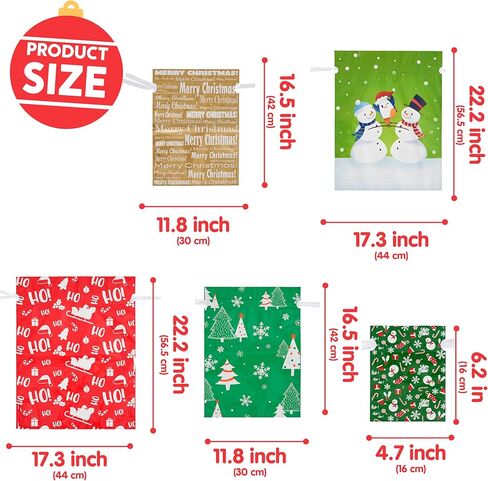 JOYIN 24 Pcs Christmas Drawstrings Foil Gift Bags, Xmas Wrapping Gift Assorted Styles Bag with present Tag for Christmas Holiday Party Favor, Reusable Wrap Goodie Bag Decorations in Saudi Arabia