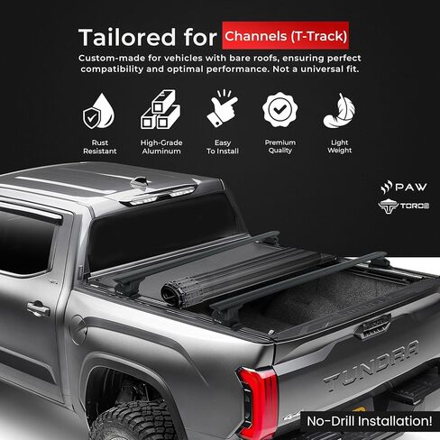 قضبان متقاطعة لرف السقف لسيارة Ford F-250 وF-350 Super Duty (2017-Up) - تناسب السقف العاري مع نقاط تثبيت مخفية، سعة 330 رطل، فتحة T من الألومنيوم، قابلة للقفل، بدون مثقاب (أسود) in Kuwait