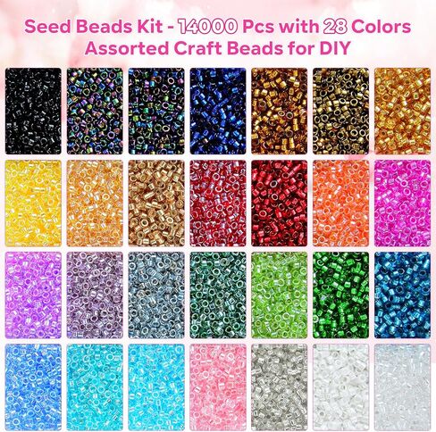 Laopottbeads 14000 قطعة 2.5 مم مجموعة خرز بذور زجاجية مع فتحة كبيرة، 28 لونًا خرزًا موحدًا لمستلزمات صنع المجوهرات، أساور يدوية الصنع وقلائد وأقراط ومجموعة صنع المجوهرات in Kuwait