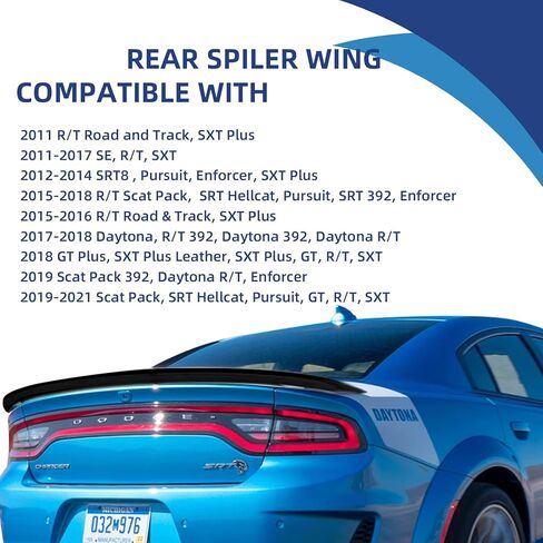 جناح سبويلر خلفي متوافق مع 2011-2022 دودج تشارجر SRT، GT، دايتونا، SXT، RT، SE، Pursuit، جناح سبويلر سيارة هيلكات لشاحن 4 أبواب سيدان ديكليد شفة الجناح أسود لامع in Kuwait