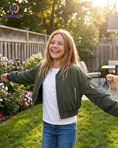 WELAKEN Lightweight Multiple Pockets Zip Up Bomber Jacket for Girls Toddler & Kids II Little Girl's Casual Flight Crop Jacket in Kuwait