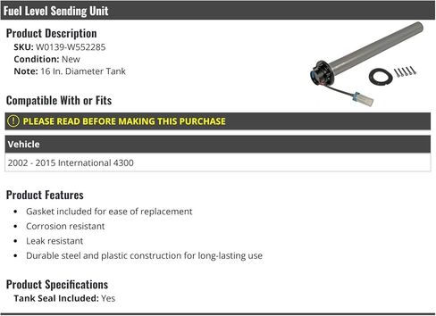 Fuel Level Sending Unit - with Seal - 16 Inch Diameter Tank - Compatible with 2002-2015 International 4300 in Saudi Arabia