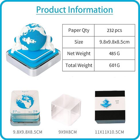 Time Piece Calendar 2026 3D Memo Pad Desk Calendar Tear Away Notepad with Lights DIY Art Carving Sticky Notes Artwork Gift for Thanksgiving Christmas Office Desktop Decoration-Blue Earth in Saudi Arabia
