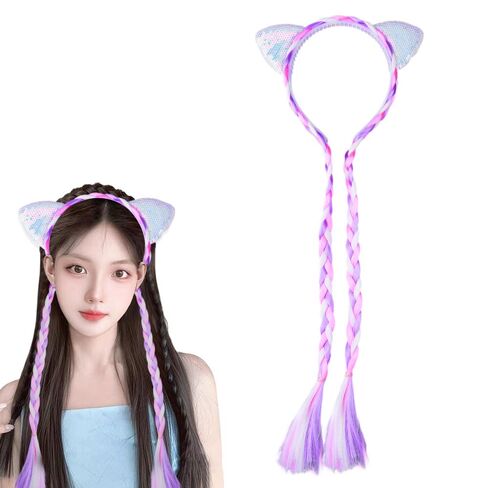 Cat Hair Accessories for Girls Halloween Cat Ear Headband with Long Braids Cosplay Costume Party Headwear for Teen Girl Xmas Headband Sparkly Hairbands Holiday Princess Head Bands Fake Braid Hair Band in Saudi Arabia