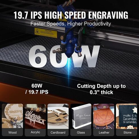 VEVOR 60W CO2 Laser Engraver، 16 × 24 بوصة، 19.7 IPS آلة قطع بالليزر مع مساعدة هواء ثنائية الاتجاه، متوافقة مع LightBurn، CorelDRAW، AutoCAD، Windows، Mac OS، Linux، لنسيج الأكريليك الخشبي المزيد in Saudi Arabia
