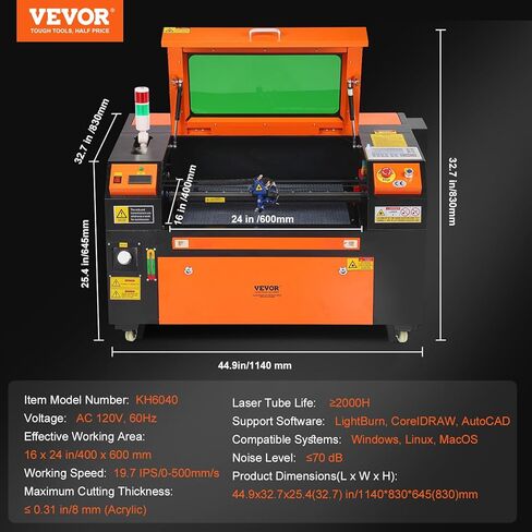 VEVOR 60W CO2 Laser Engraver، 16 × 24 بوصة، 19.7 IPS آلة قطع بالليزر مع مساعدة هواء ثنائية الاتجاه، متوافقة مع LightBurn، CorelDRAW، AutoCAD، Windows، Mac OS، Linux، لنسيج الأكريليك الخشبي المزيد in Saudi Arabia